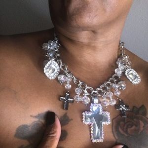 Fashion Necklace Double Chain With Extender Cross Clear Beads Rhinestones